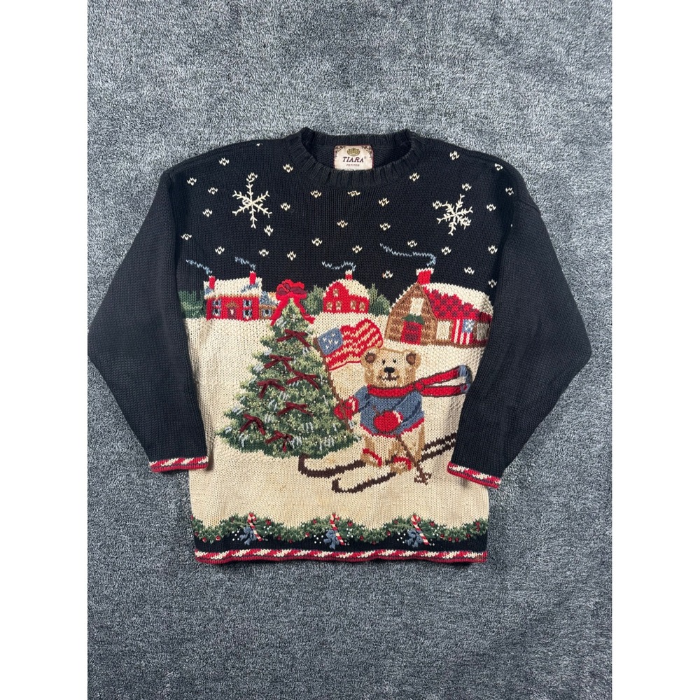 Tiara Petites Sweater Womens PXL Black Christmas Skiing Bear Holiday Knitted